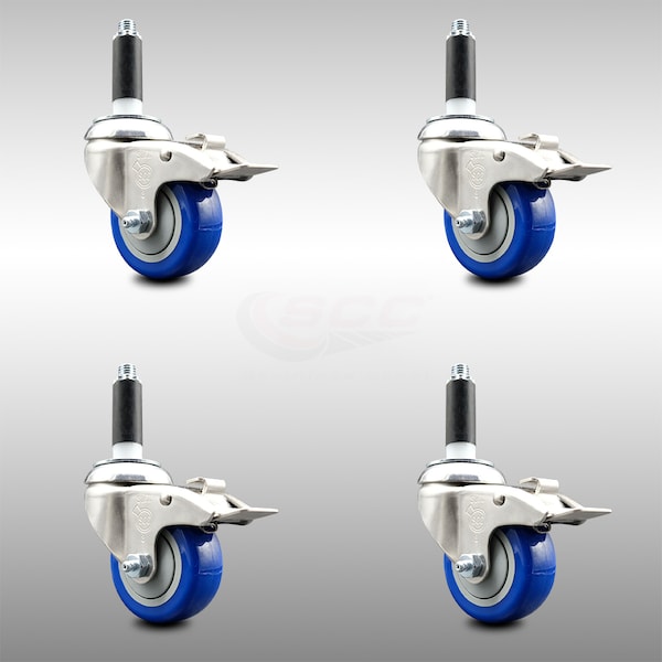 Service Caster 3 Inch 316SS Blue Poly Swivel 7/8 Inch Expanding Stem Caster Set Lock Brake SCC-SS316TTLEX20S314-PPUB-BLUE-78-4 - main